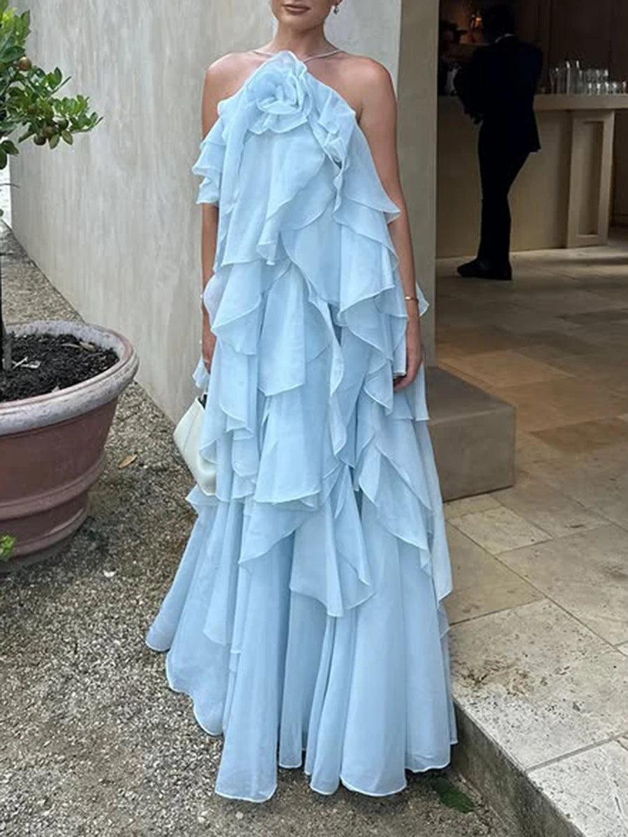 Elegant Halter Dress - Solid Ruffled Backless Sleeveless Fashion for Women - ZOOMNSTORE