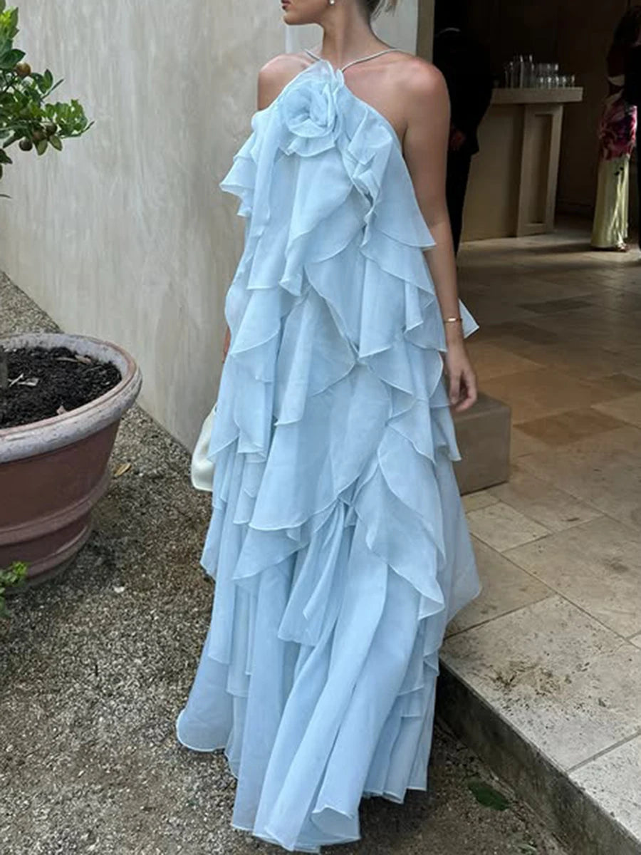 Elegant Halter Dress - Solid Ruffled Backless Sleeveless Fashion for Women - ZOOMNSTORE