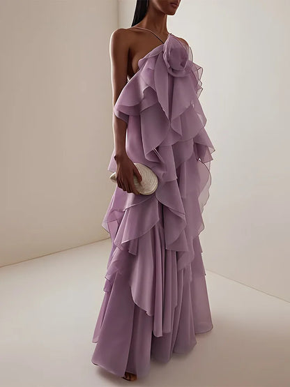 Elegant Halter Dress - Solid Ruffled Backless Sleeveless Fashion for Women - ZOOMNSTORE