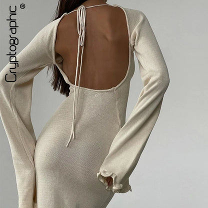 Elegant Knitted Maxi Dress - Backless Flare Sleeve Sweater Outfit for Women - ZOOMNSTORE