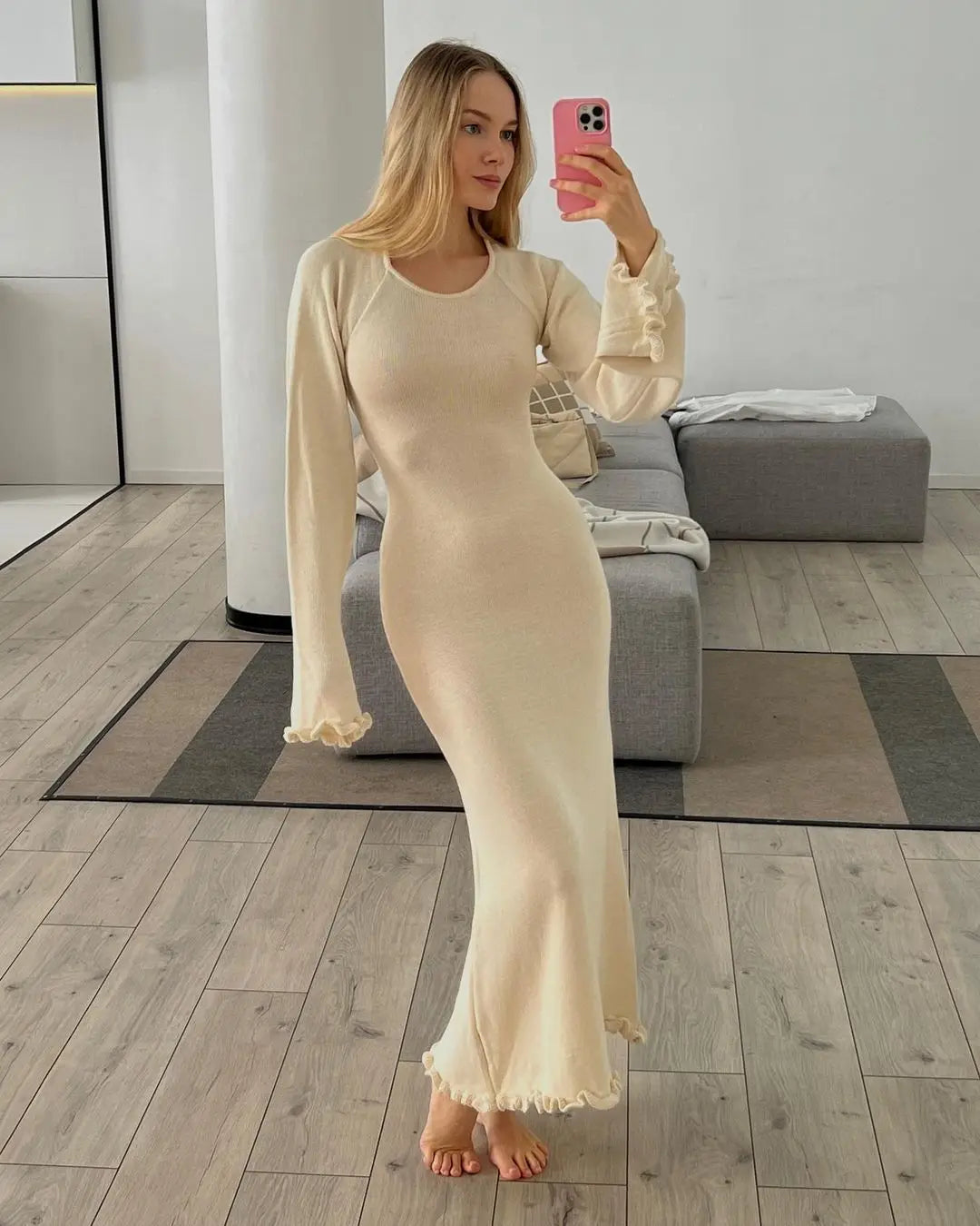 Elegant Knitted Maxi Dress - Backless Flare Sleeve Sweater Outfit for Women - ZOOMNSTORE