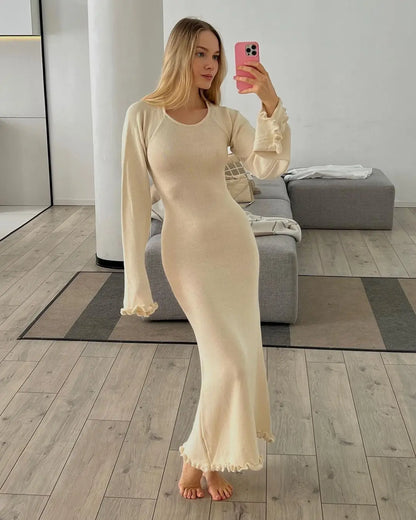 Elegant Knitted Maxi Dress - Backless Flare Sleeve Sweater Outfit for Women - ZOOMNSTORE