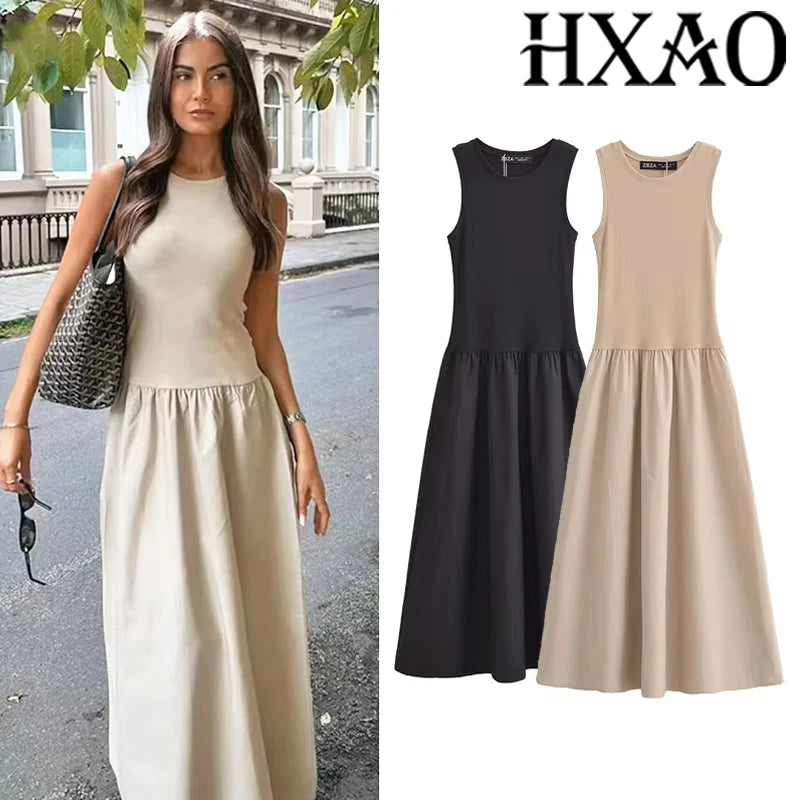 Khaki Elegant Long Dress - Womens Spring Sleeveless Casual Party Y2K Vestidos - ZOOMNSTORE
