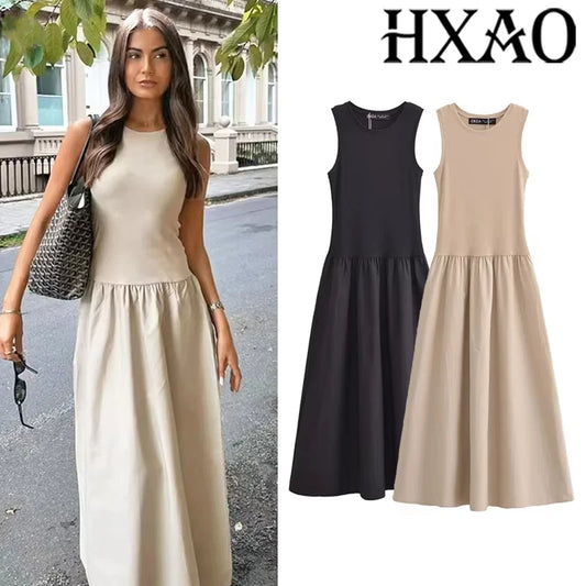 Khaki Elegant Long Dress - Womens Spring Sleeveless Casual Party Y2K Vestidos - ZOOMNSTORE