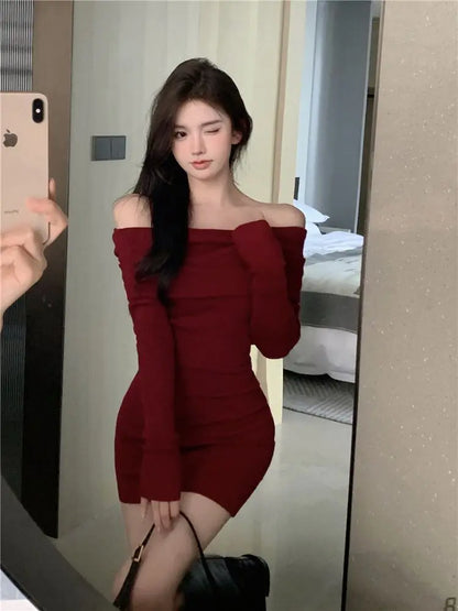 Elegant Off Shoulder Mini Dress - Long Sleeve Bodycon Sweater Dress for Women - ZOOMNSTORE