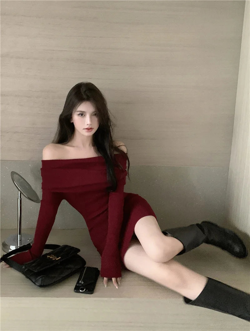 Elegant Off Shoulder Mini Dress - Long Sleeve Bodycon Sweater Dress for Women - ZOOMNSTORE