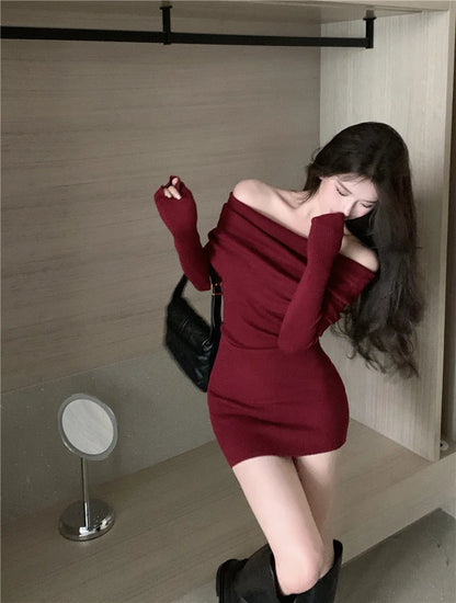 Elegant Off Shoulder Mini Dress - Long Sleeve Bodycon Sweater Dress for Women - ZOOMNSTORE