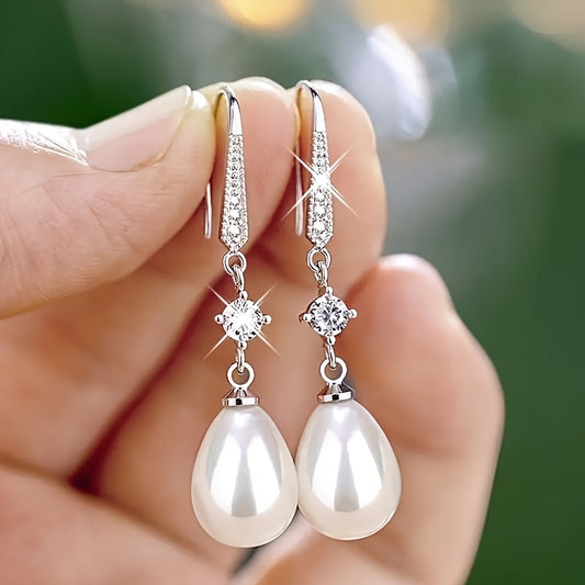 Elegant Silver-Plated Faux Pearl Dangle Earrings - Bridal Engagement Jewelry - ZOOMNSTORE
