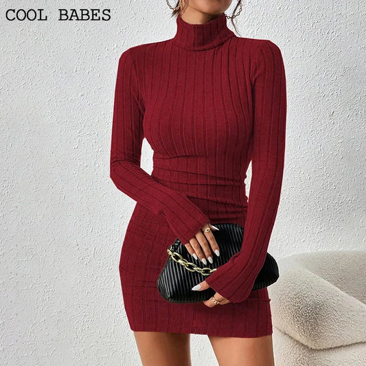 Elegant Turtleneck Mini Dress - Womens Bodycon Club Dress for Autumn Winter - ZOOMNSTORE