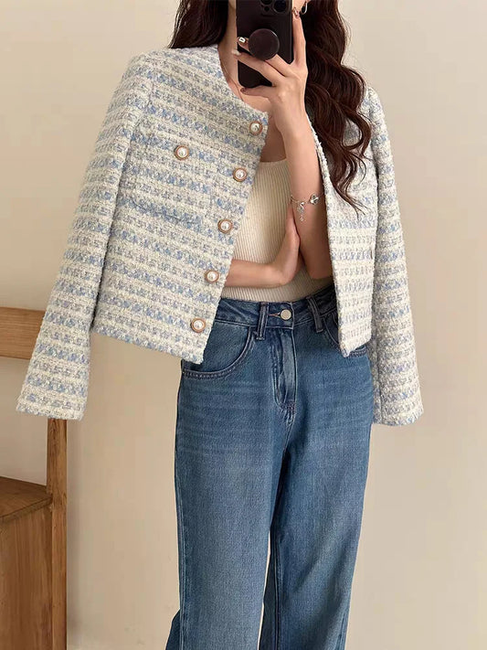 Elegant Tweed Cardigan - Womens Short Coat with Pocket Single Breasted Jacket Autumn Winter Outwear 2024 - ZOOMNSTORE