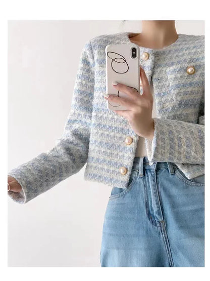 Elegant Tweed Cardigan - Womens Short Coat with Pocket Single Breasted Jacket Autumn Winter Outwear 2024 - ZOOMNSTORE