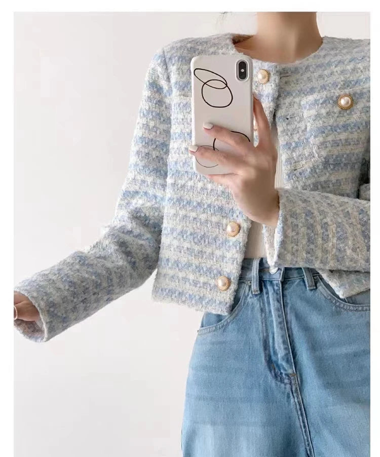 Elegant Tweed Cardigan - Womens Short Coat with Pocket Single Breasted Jacket Autumn Winter Outwear 2024 - ZOOMNSTORE