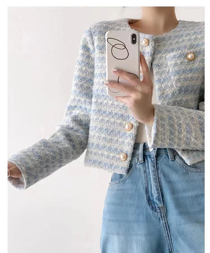 Elegant Tweed Cardigan - Womens Short Coat with Pocket Single Breasted Jacket Autumn Winter Outwear 2024 - ZOOMNSTORE