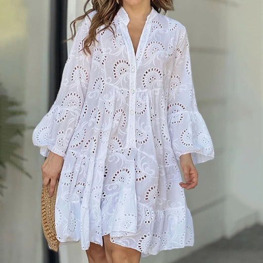 Elegant Vintage Lace Dress - V-neck Hollow Out Mini Beach Dress - ZOOMNSTORE