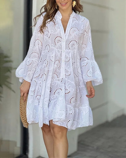 Elegant Vintage Lace Dress - V-neck Hollow Out Mini Beach Dress - ZOOMNSTORE