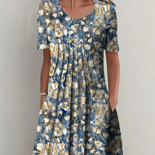 Elegant Womens Printed Dress - Spring Summer Large Skirt Round Neck Short Sleeves - ZOOMNSTORE
