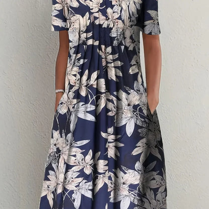 Elegant Womens Printed Dress - Spring Summer Large Skirt Round Neck Short Sleeves - ZOOMNSTORE