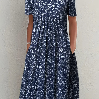Elegant Womens Printed Dress - Spring Summer Large Skirt Round Neck Short Sleeves - ZOOMNSTORE