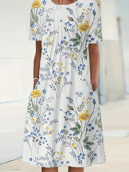 Elegant Womens Printed Dress - Spring Summer Large Skirt Round Neck Short Sleeves - ZOOMNSTORE