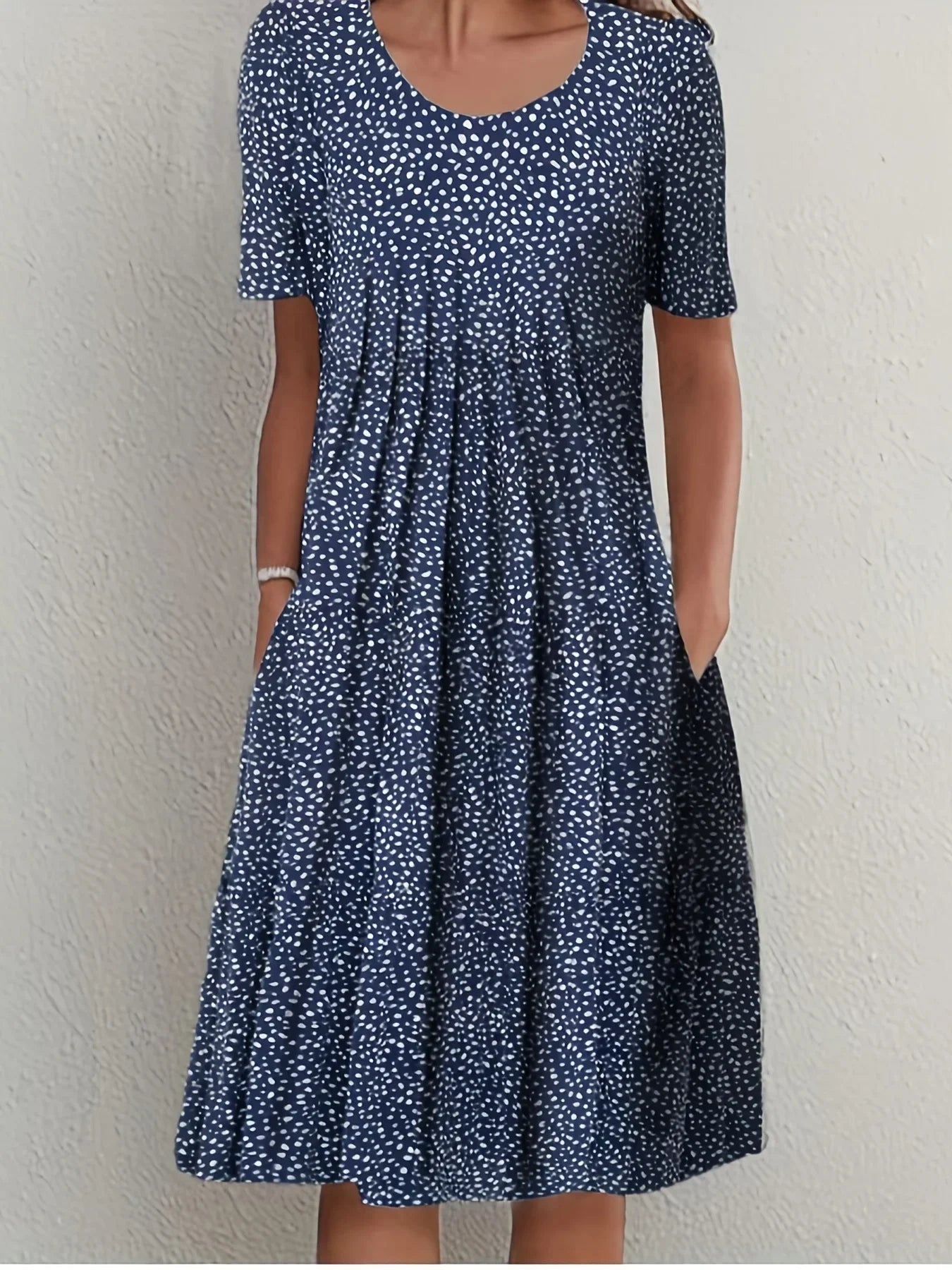 Elegant Womens Printed Dress - Spring Summer Large Skirt Round Neck Short Sleeves - ZOOMNSTORE