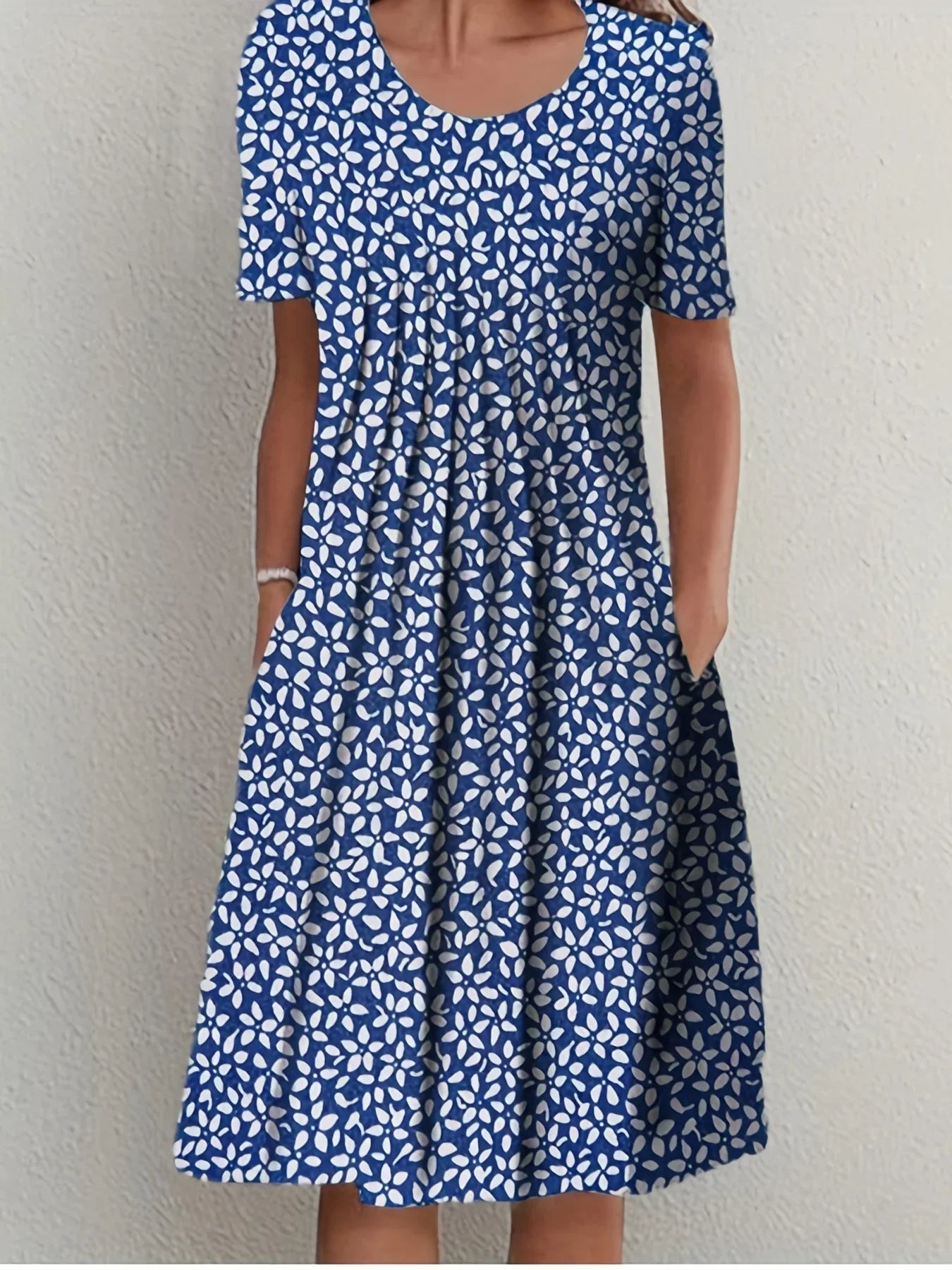 Elegant Womens Printed Dress - Spring Summer Large Skirt Round Neck Short Sleeves - ZOOMNSTORE