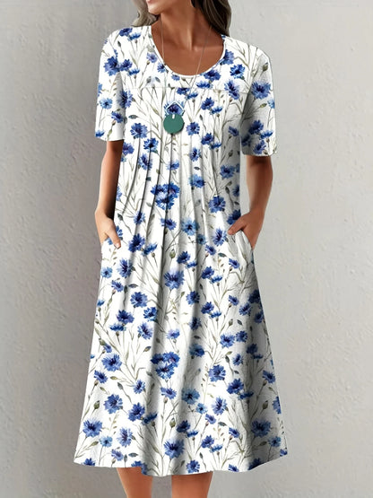Elegant Womens Printed Dress - Spring Summer Large Skirt Round Neck Short Sleeves - ZOOMNSTORE