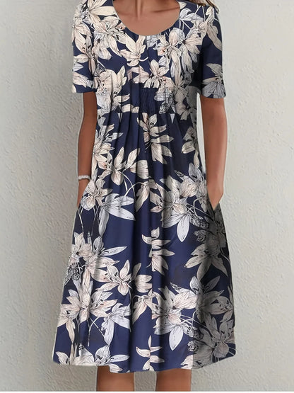 Elegant Womens Printed Dress - Spring Summer Large Skirt Round Neck Short Sleeves - ZOOMNSTORE