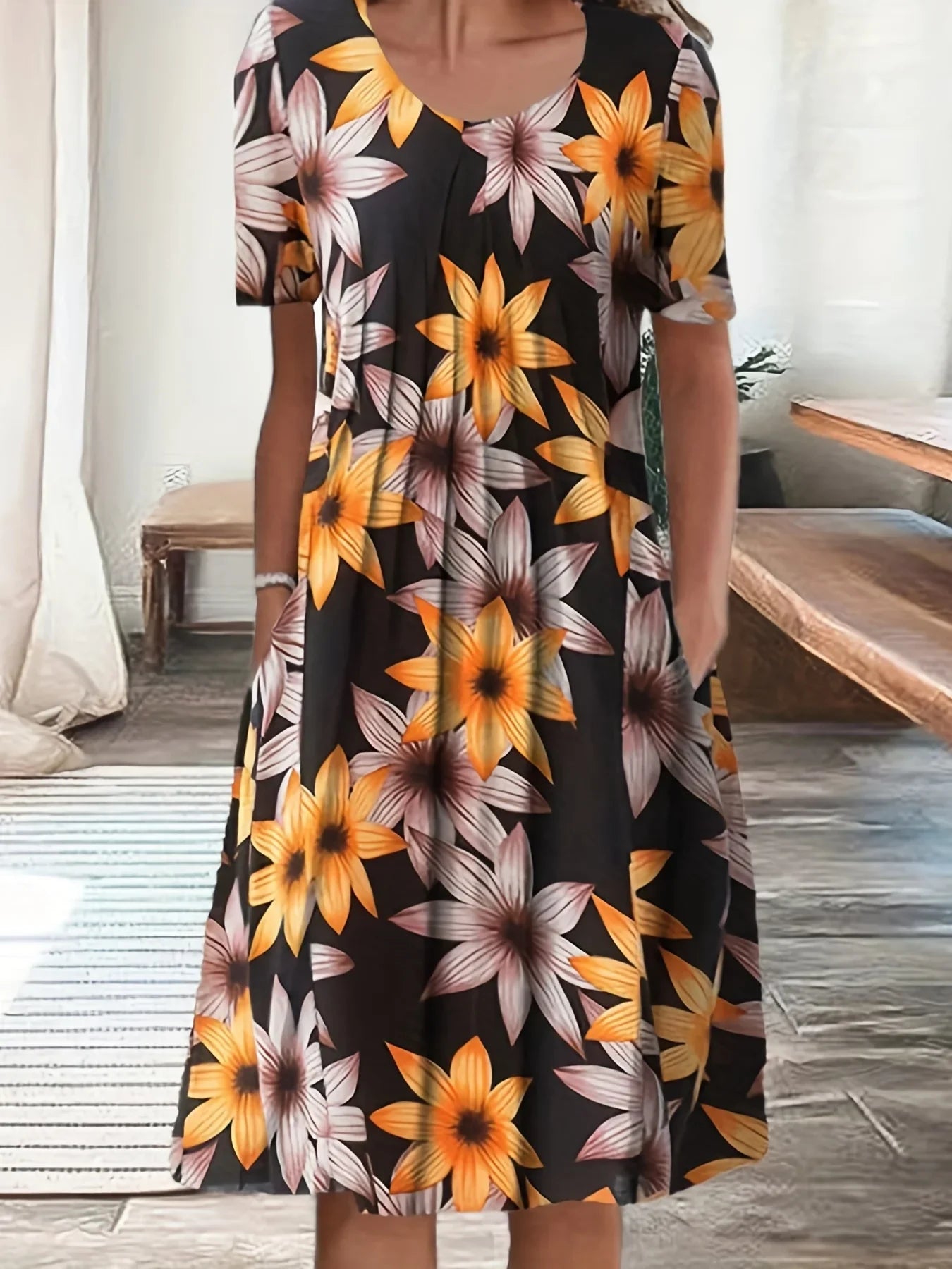 Elegant Womens Printed Dress - Spring Summer Large Skirt Round Neck Short Sleeves - ZOOMNSTORE