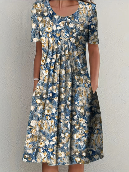 Elegant Womens Printed Dress - Spring Summer Large Skirt Round Neck Short Sleeves - ZOOMNSTORE