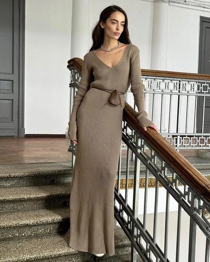 Elegant Womens Winter Knitted Midi Dress - V Neck A-line Long Sleeve Casual Vintage Brown - ZOOMNSTORE