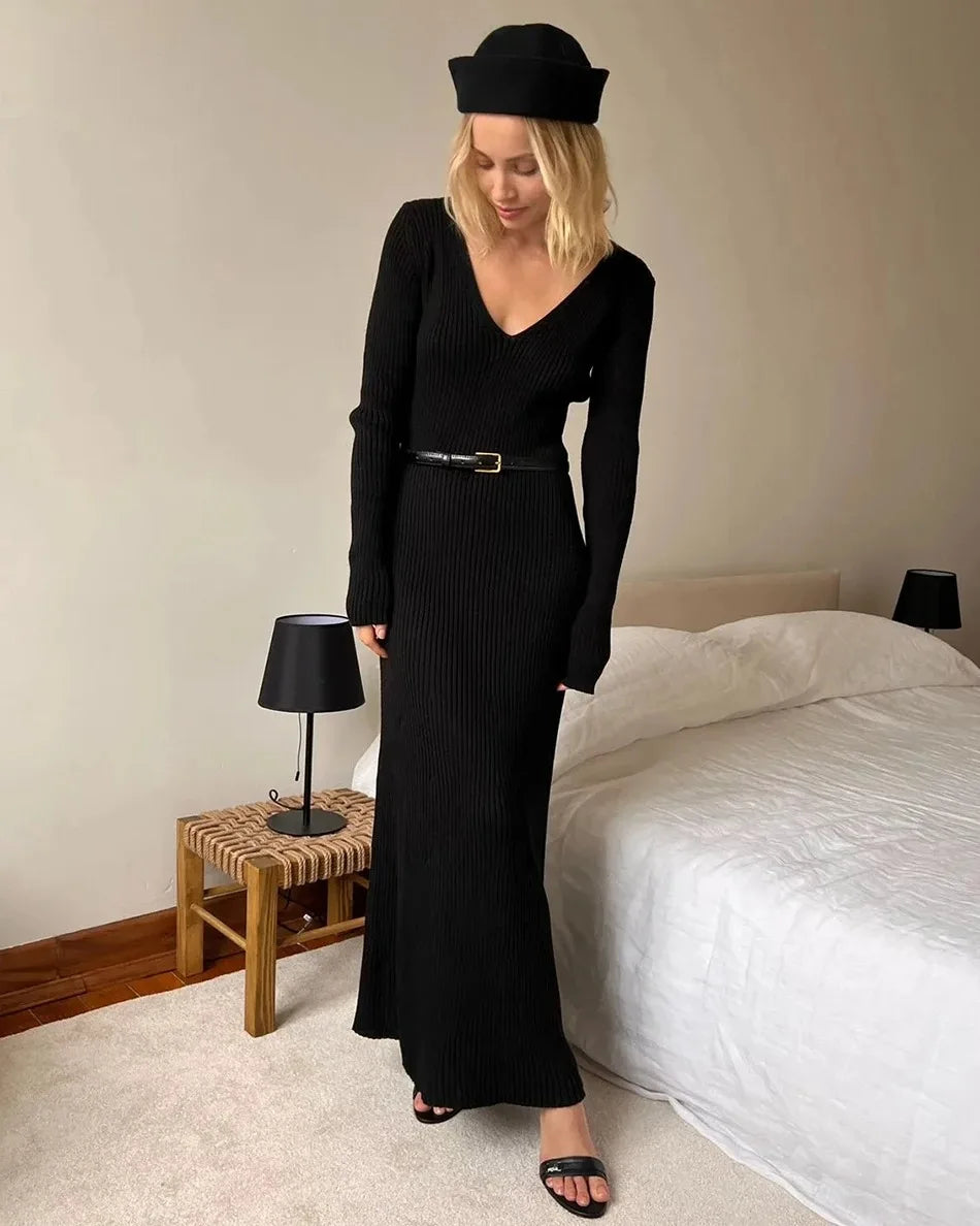 Elegant Womens Winter Knitted Midi Dress - V Neck A-line Long Sleeve Casual Vintage Brown - ZOOMNSTORE