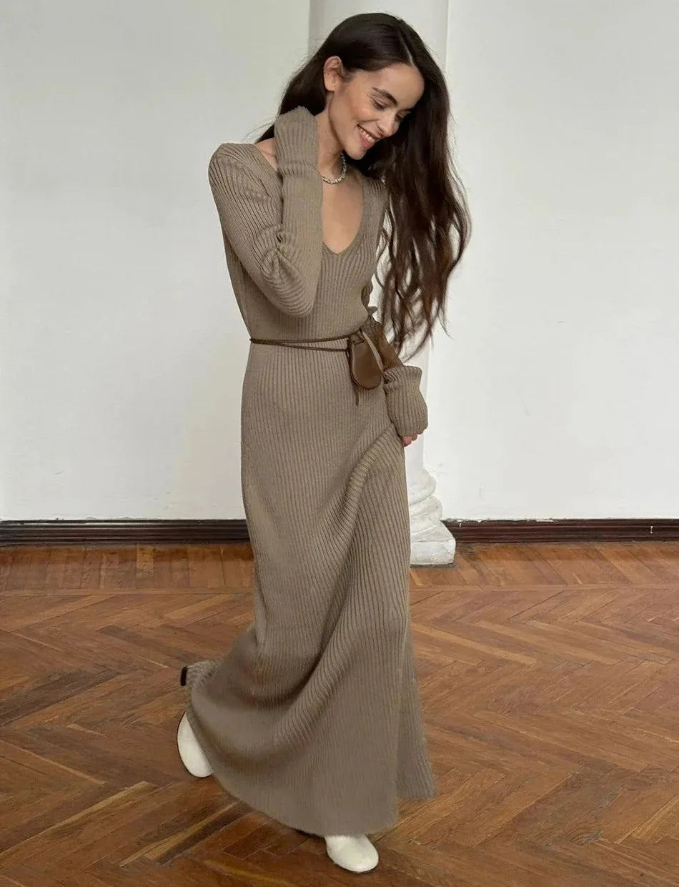 Elegant Womens Winter Knitted Midi Dress - V Neck A-line Long Sleeve Casual Vintage Brown - ZOOMNSTORE