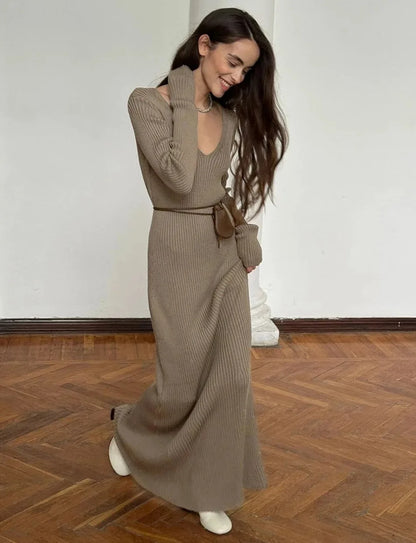 Elegant Womens Winter Knitted Midi Dress - V Neck A-line Long Sleeve Casual Vintage Brown - ZOOMNSTORE