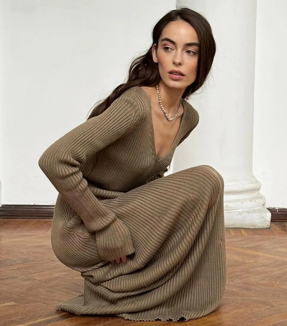 Elegant Womens Winter Knitted Midi Dress - V Neck A-line Long Sleeve Casual Vintage Brown - ZOOMNSTORE