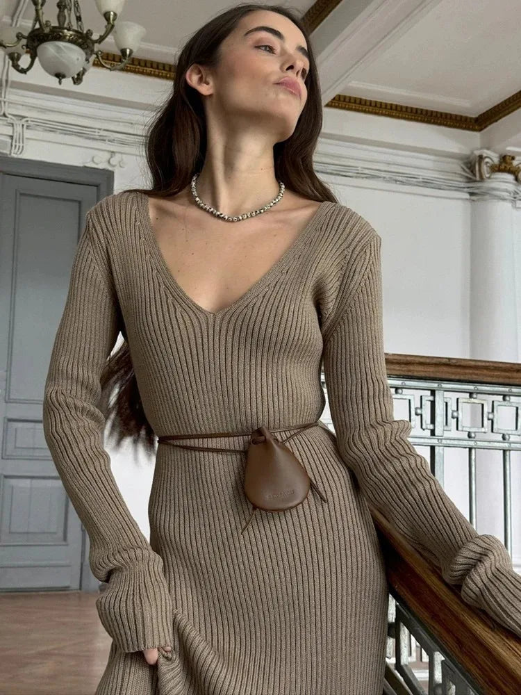 Elegant Womens Winter Knitted Midi Dress - V Neck A-line Long Sleeve Casual Vintage Brown - ZOOMNSTORE