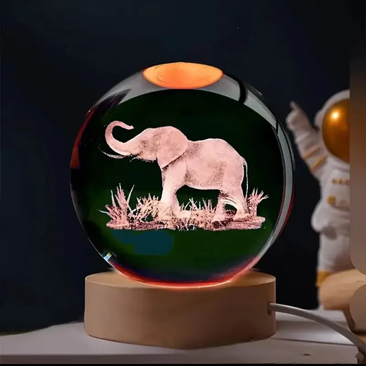 Elephant Crystal Ball 3D Laser Carved Glass Sphere with LED Color Lamp Holder - ZOOMNSTORE