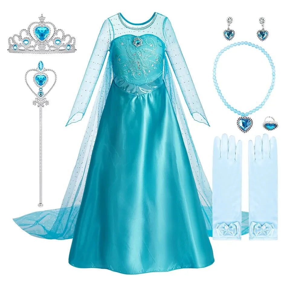 Halloween Elsa Dress for Girls Children Party Princess Costume Kids Disguise with Long Cloak Girl Snow Queen Carnival Clothes - ZOOMNSTORE