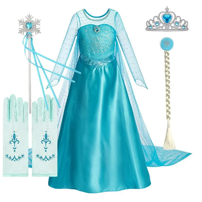 Halloween Elsa Dress for Girls Children Party Princess Costume Kids Disguise with Long Cloak Girl Snow Queen Carnival Clothes - ZOOMNSTORE