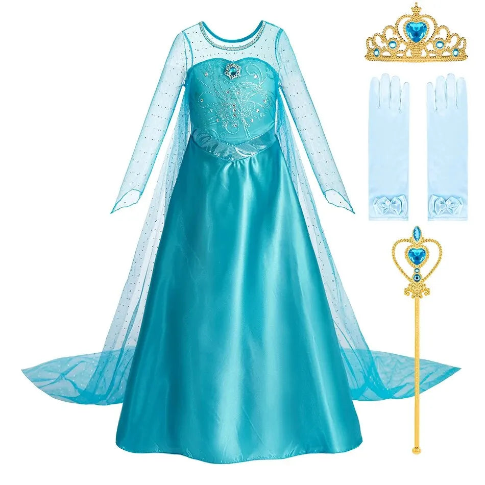 Halloween Elsa Dress for Girls Children Party Princess Costume Kids Disguise with Long Cloak Girl Snow Queen Carnival Clothes - ZOOMNSTORE