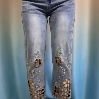 Embroidered Denim Pants - Women's High Waist Slim Calf-Length Cigarette Jeans - ZOOMNSTORE