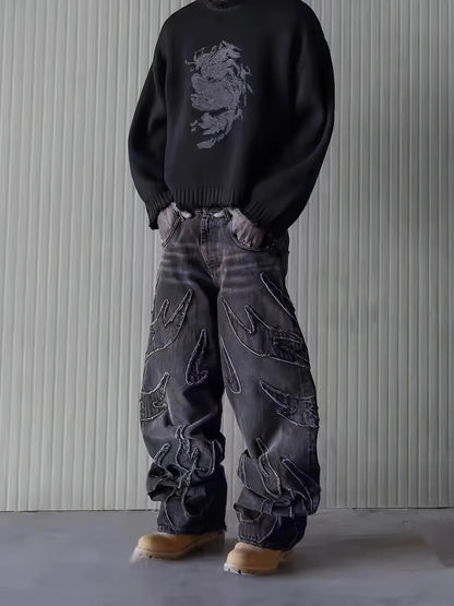 Embroidered Wide-Leg Jeans - Men's Vintage Style Street Graffiti Denim Trousers - ZOOMNSTORE