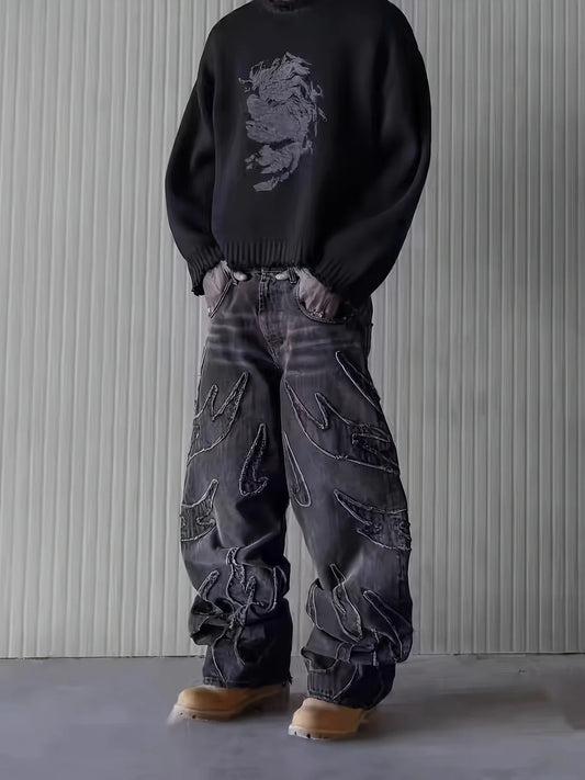 Embroidered Wide-Leg Jeans - Men's Vintage Style Street Graffiti Denim Trousers - ZOOMNSTORE