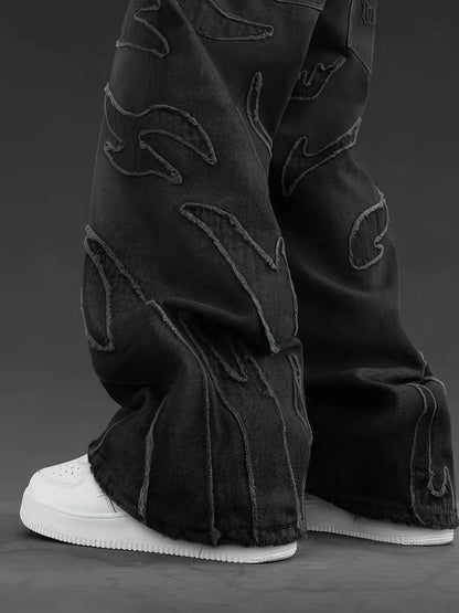Embroidered Wide-Leg Jeans - Men's Vintage Style Street Graffiti Denim Trousers - ZOOMNSTORE