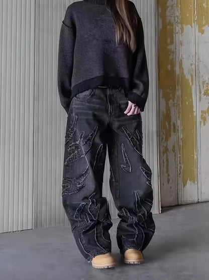 Embroidered Wide-Leg Jeans - Men's Vintage Style Street Graffiti Denim Trousers - ZOOMNSTORE