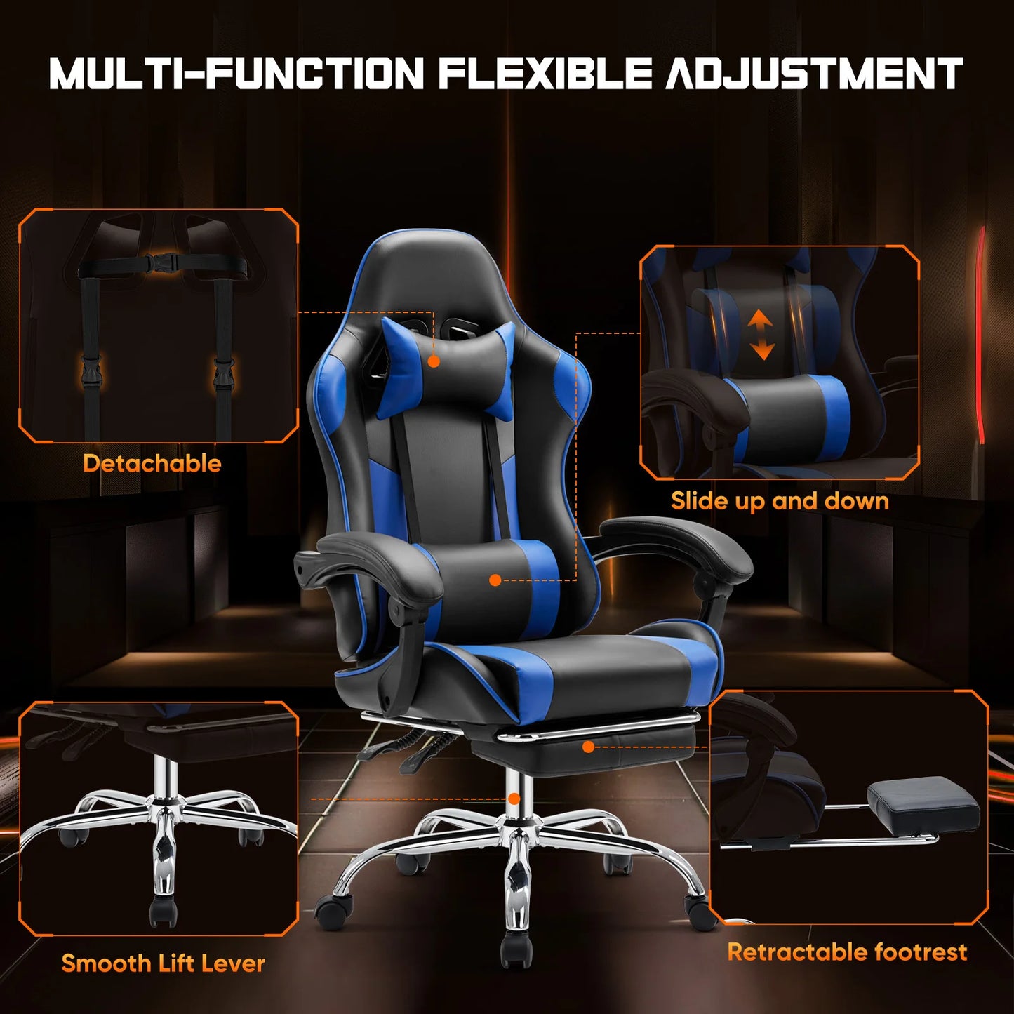 Ergonomic Gaming Chair - Adjustable Racing PU Leather Seat With Headrest & Lumbar Support - ZOOMNSTORE