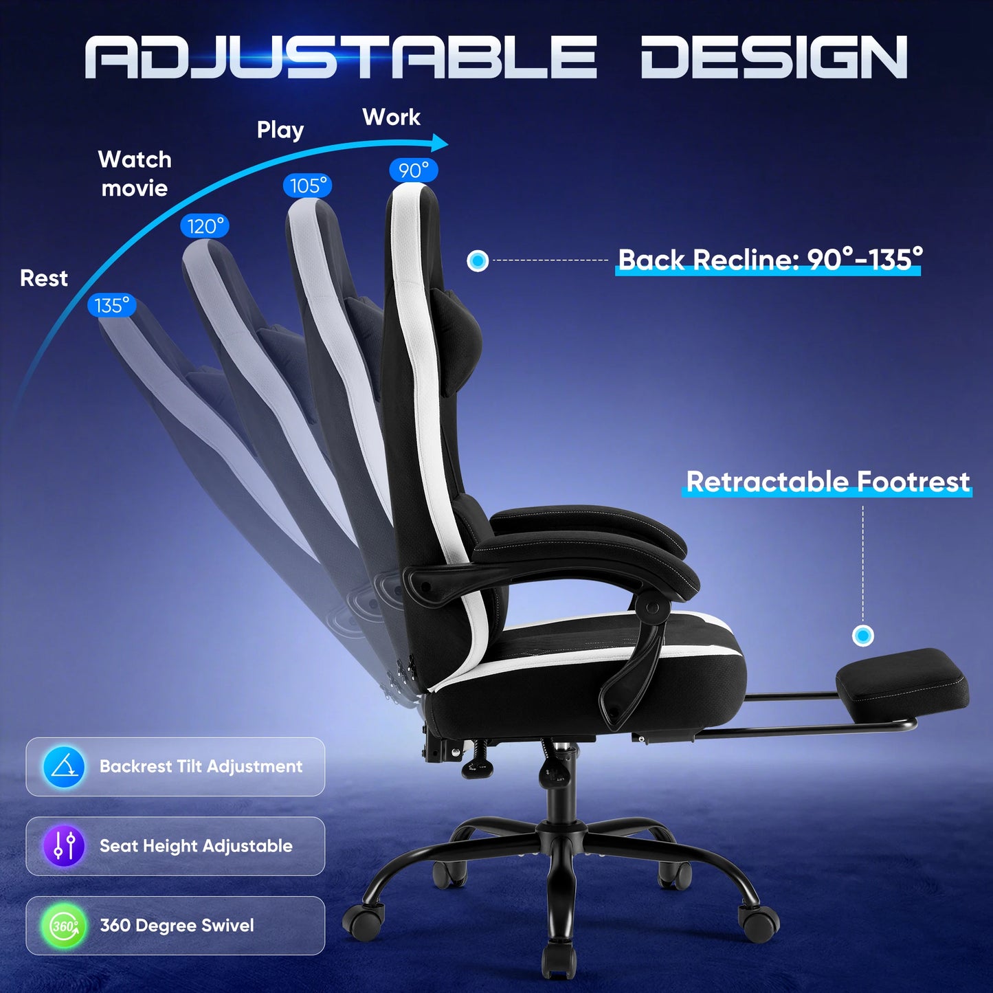 Ergonomic Gaming Chair - Height Adjustable 360° Swivel With Lumbar Support - ZOOMNSTORE