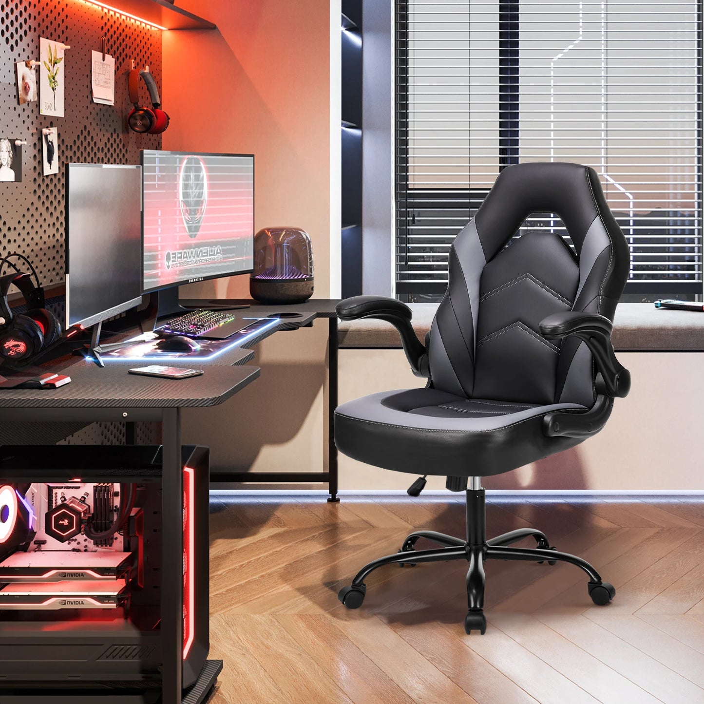 Ergonomic Gaming Desk Chair - Adjustable PU Leather with Flip-up Armrests - ZOOMNSTORE