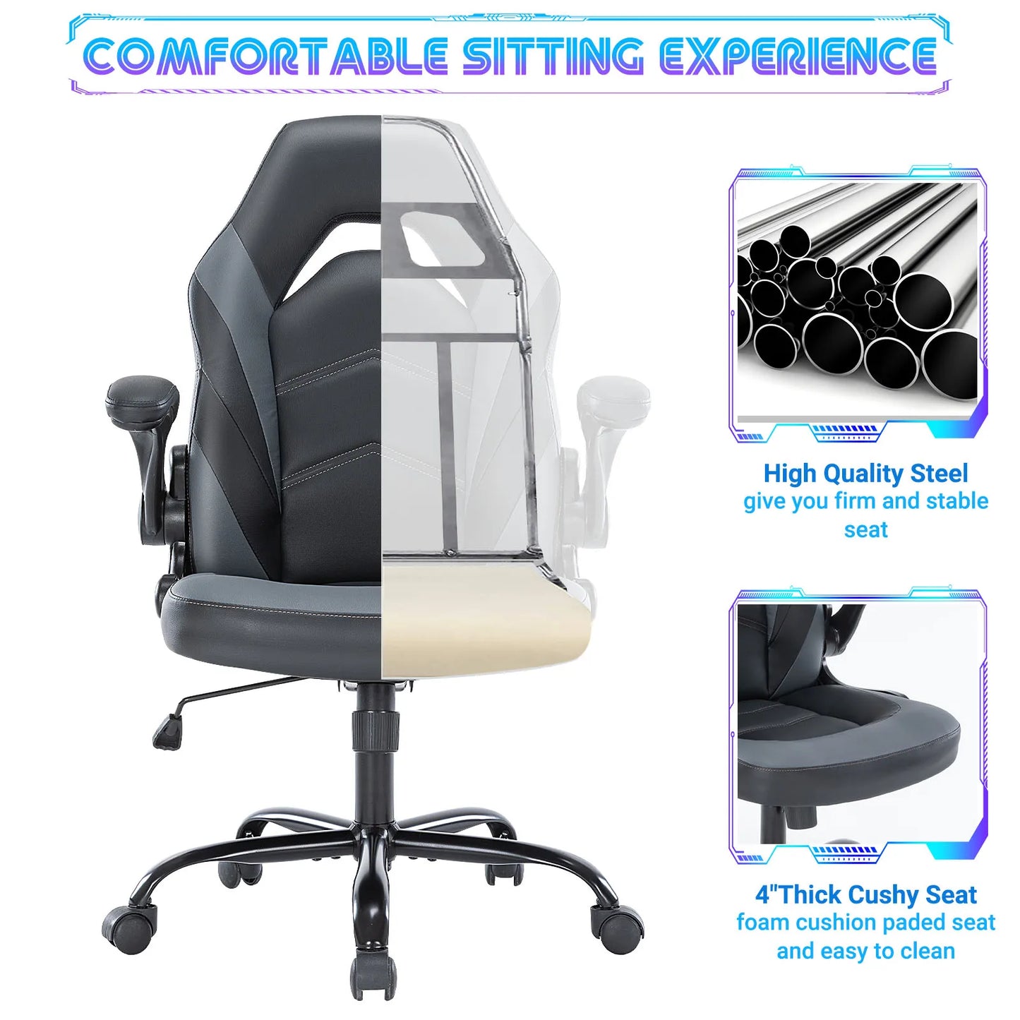Ergonomic Gaming Desk Chair - Adjustable PU Leather with Flip-up Armrests - ZOOMNSTORE