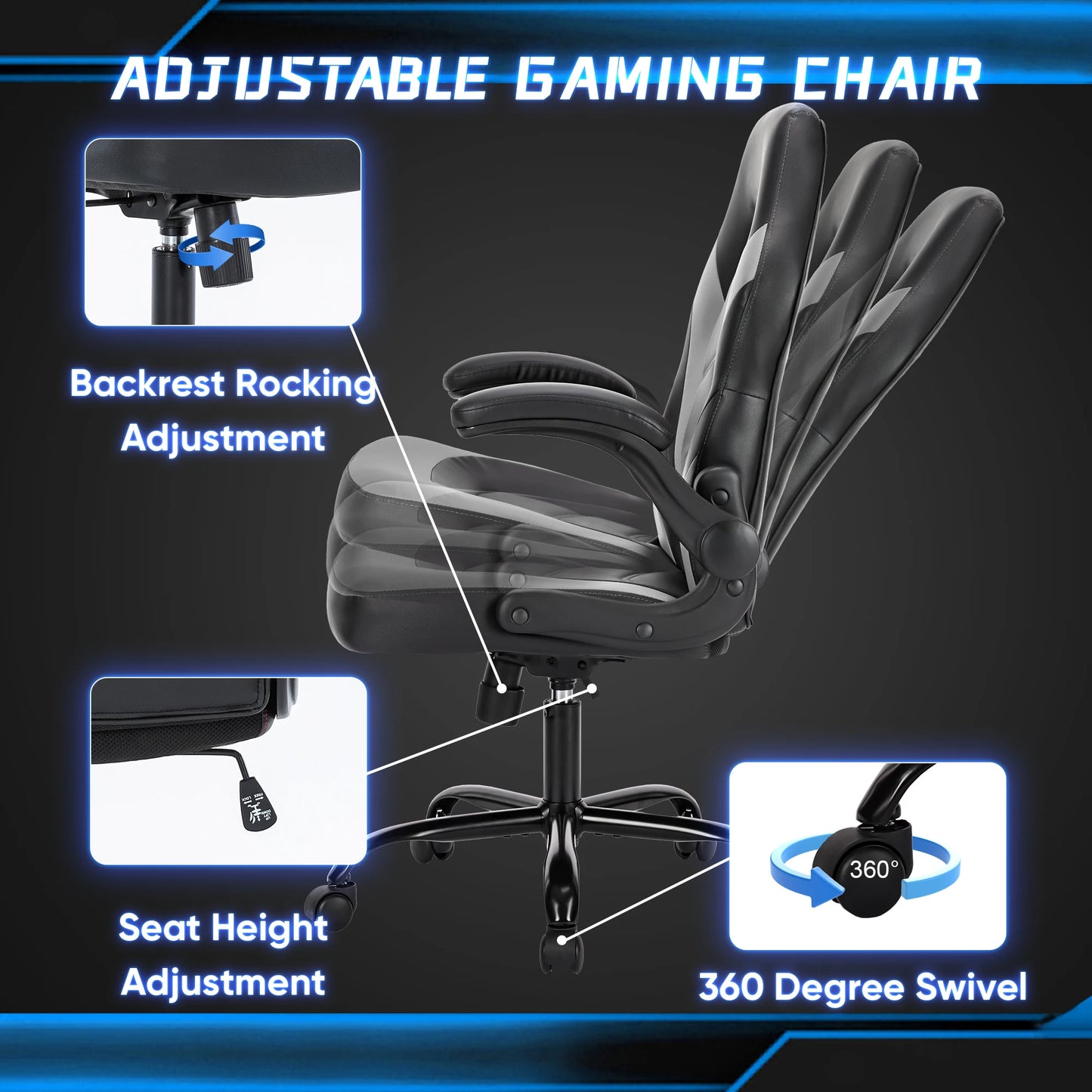 Ergonomic Gaming Desk Chair - Adjustable PU Leather with Flip-up Armrests - ZOOMNSTORE