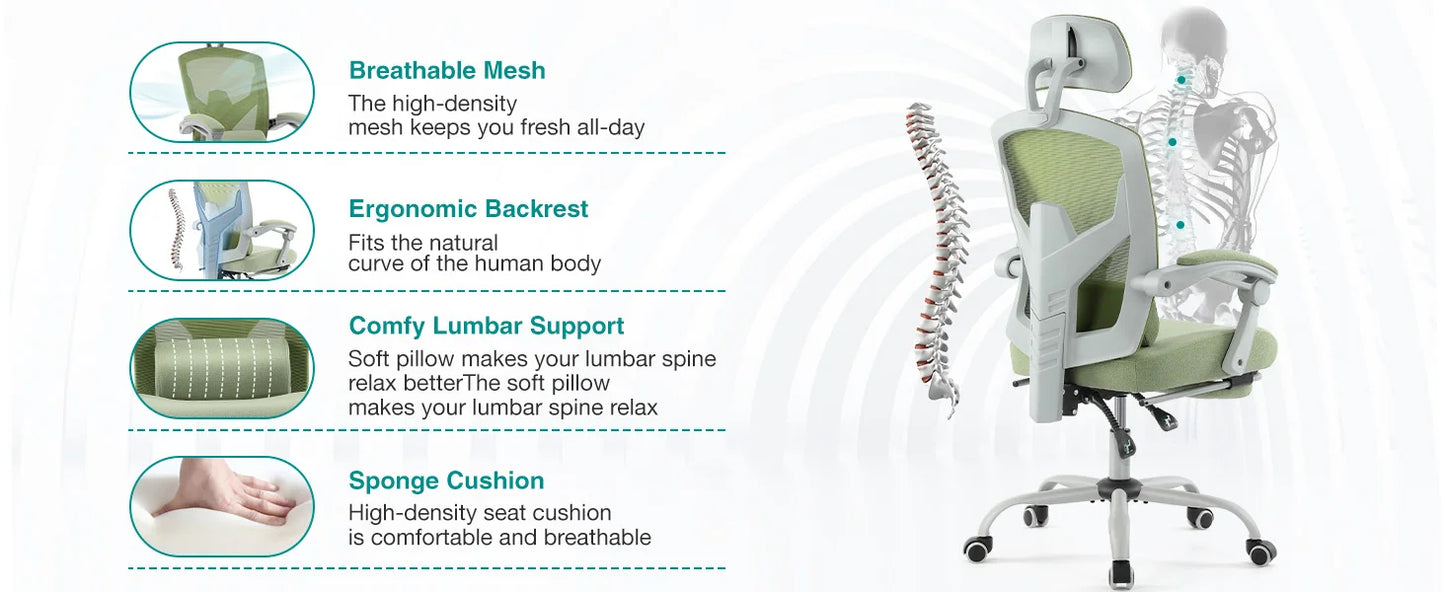 Ergonomic Reclining Office Chair - High Back Mesh Desk Chair With Lumbar Support Pillow & Adjustable Headrest - ZOOMNSTORE